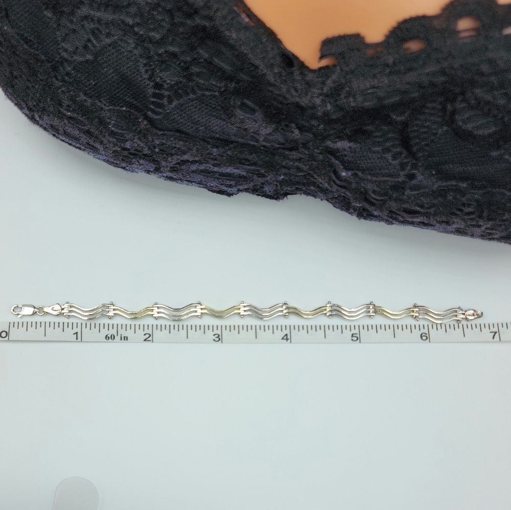 925 Sterling Silver & Gold Plated Wavy Two Tone Bracelet - Picture 5 of 11